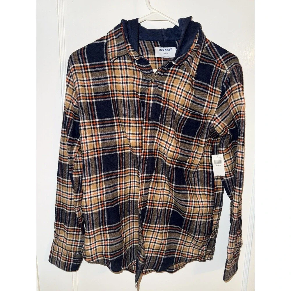 Old Navy Kids Boys Size XL (14-16) Plaid Long Sleeve Flannel Hooded Shirt